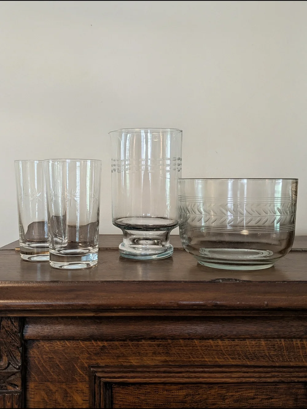 Curated Clear Etched Glass Drinkware Set For Your Bar